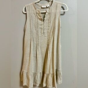 Lucky Brand 100% Linen Sleeveless Dress XS Beige Stripe Ruffle Hem